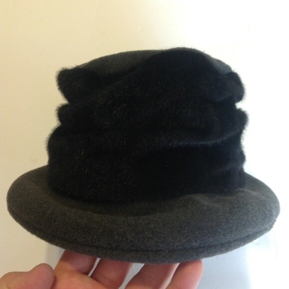 Gray Black Wool Blend One Size Fits Most Faux Fur Felt Hat Church - Picture 2 of 8